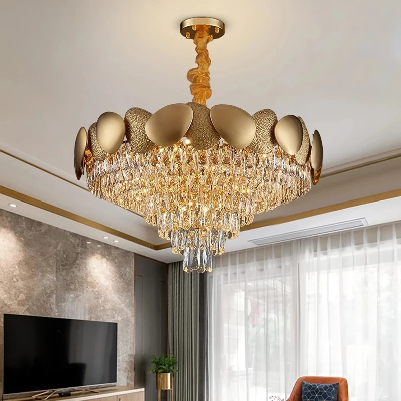 Crystal Chandelier Luxury Round Rectangle Pendant Lamp for Living Room Dining LED Light Bedroom Decor Modern Gold Hanging Lamps