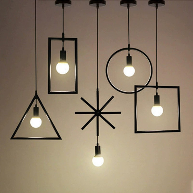 New Arrival Retro Iron Geometric Chandelier Bulb Light Vintage Restaurant Bar Living Room E27 Single Head Pendant Light