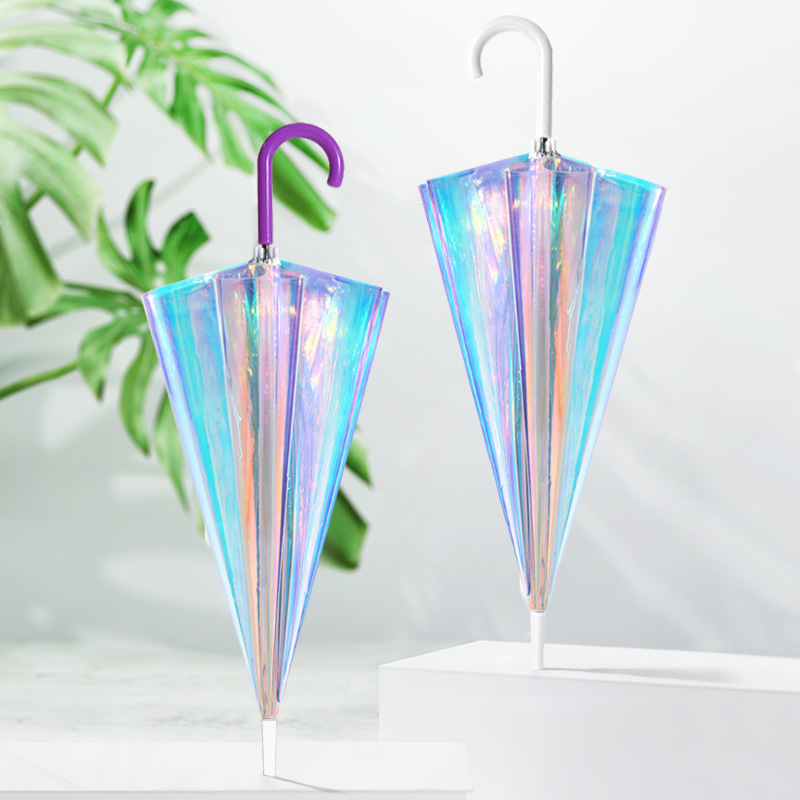 Holographic Iridescent Laser Reflective PVC Transparent Magic Colorful Iridescent POE Umbrella U Handle