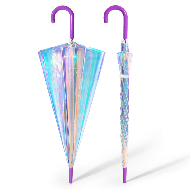 Holographic Iridescent Laser Reflective PVC Transparent Magic Colorful Iridescent POE Umbrella U Handle