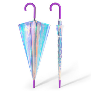 Holographic Iridescent Laser Reflective PVC Transparent Magic Colorful Iridescent POE Umbrella U Handle