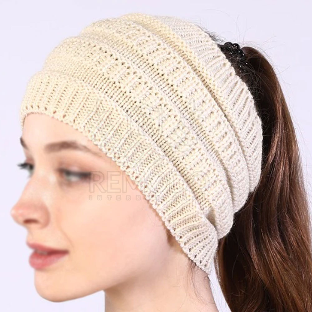 Ponytail Beanie hat Women Stretch Knitted Crochet Beanies Winter Hats