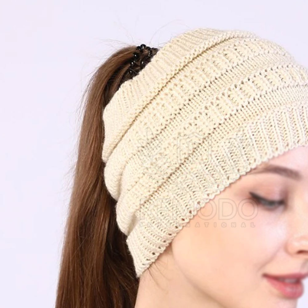 Ponytail Beanie hat Women Stretch Knitted Crochet Beanies Winter Hats