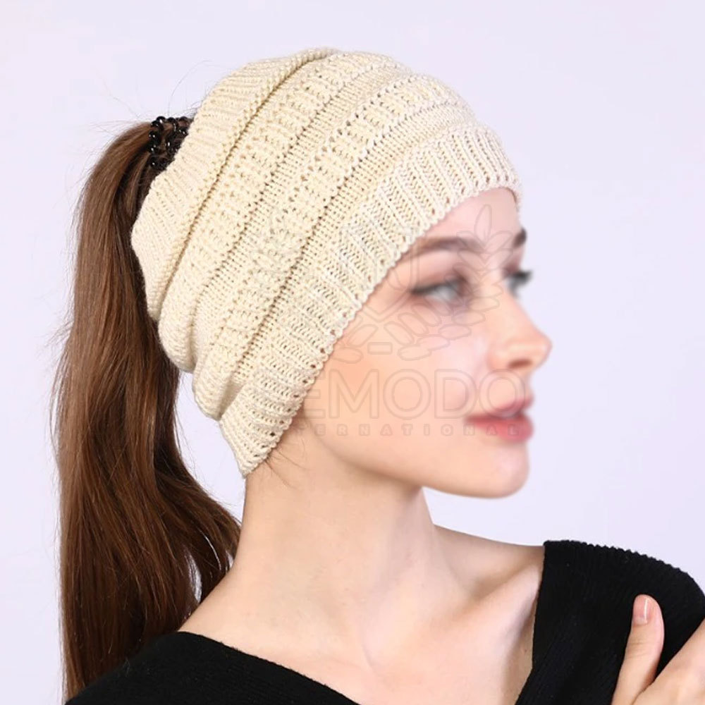 Ponytail Beanie hat Women Stretch Knitted Crochet Beanies Winter Hats