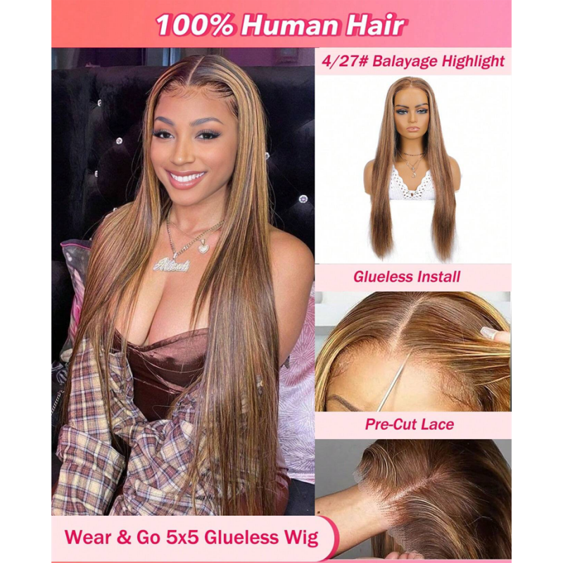 4/27 Ready To Go Glueless Wigs Human Hair Piano Color Human Hair Wigs Highlight Colored 5X5 Lace Closure Wig