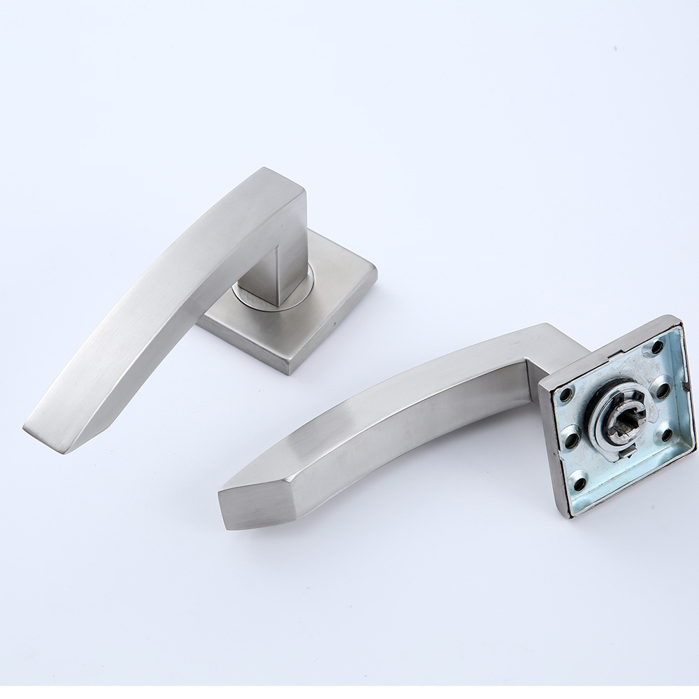 Square BEND Tubular stainless steel brushed door handle on square rose with escutcheon