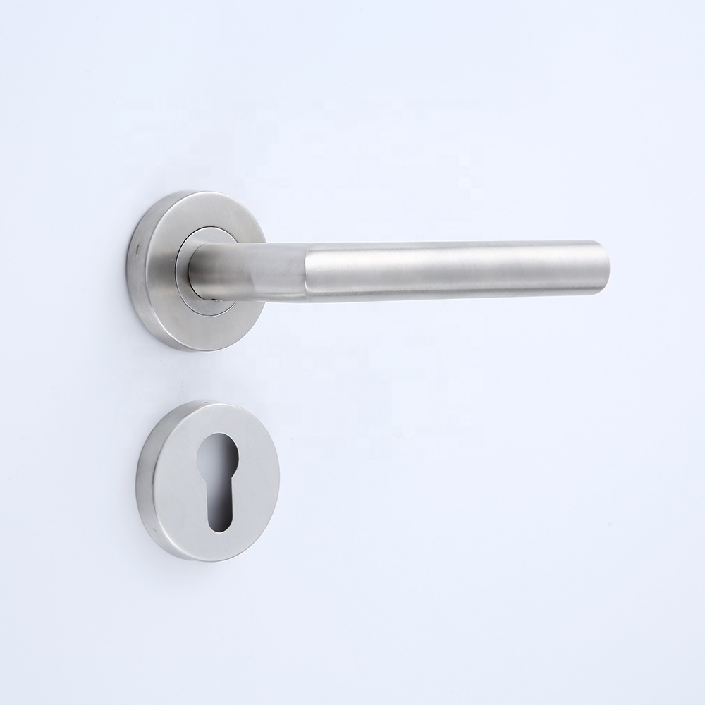 High Quality L-Shape Interior Inox Tubular Lever Door Handle on Round Rose With Cylinder Escutcheon