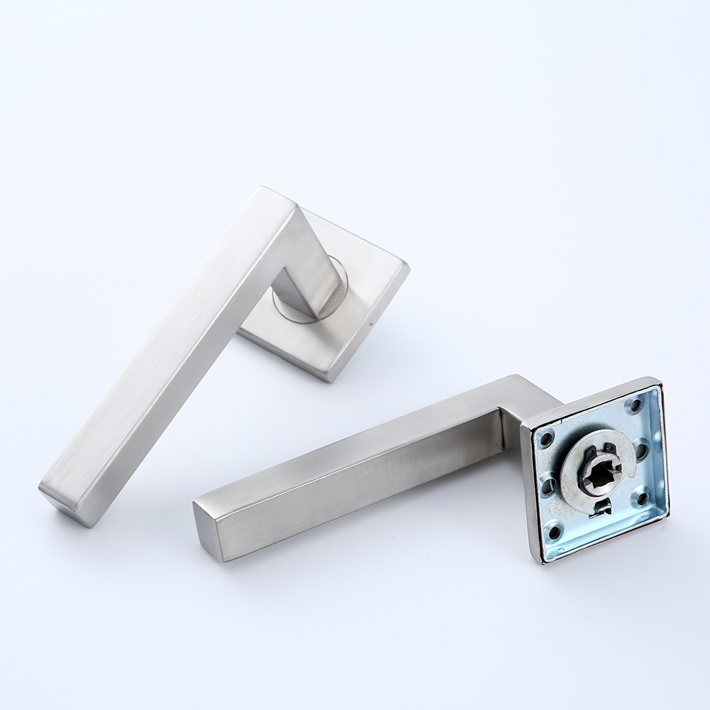 Square Mitred Flat Tubular stainless steel brushed door handle on square rose with escutcheon