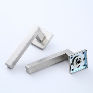 Square Mitred Flat Tubular stainless steel brushed door handle on square rose with escutcheon