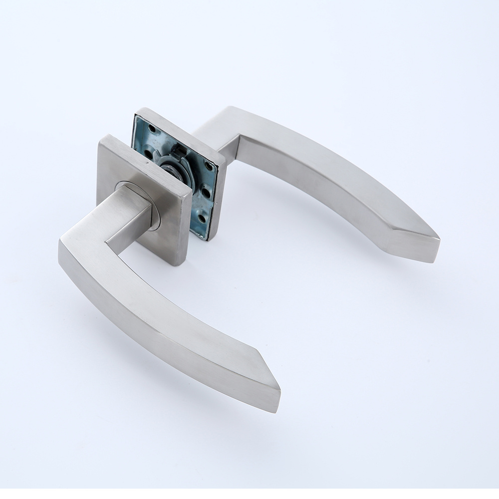 Square BEND Tubular stainless steel brushed door handle on square rose with escutcheon