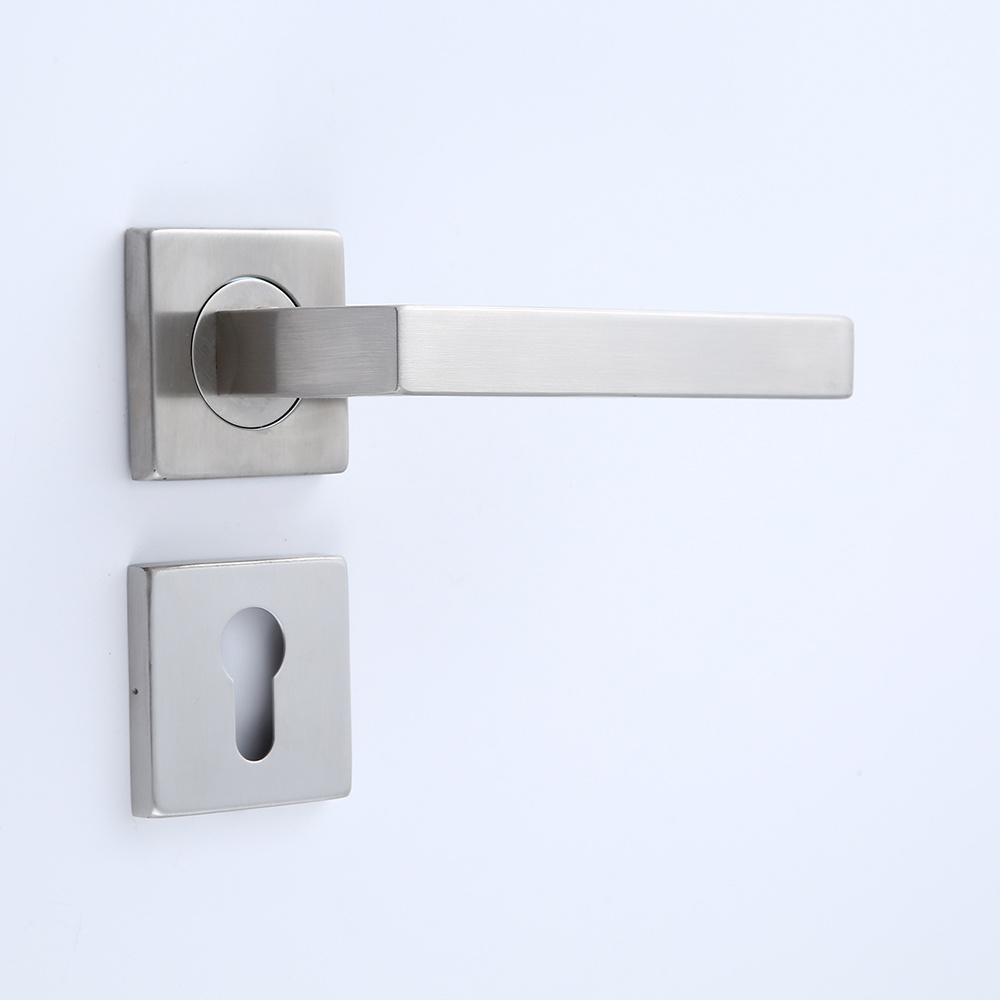 Square Mitred Flat Tubular stainless steel brushed door handle on square rose with escutcheon