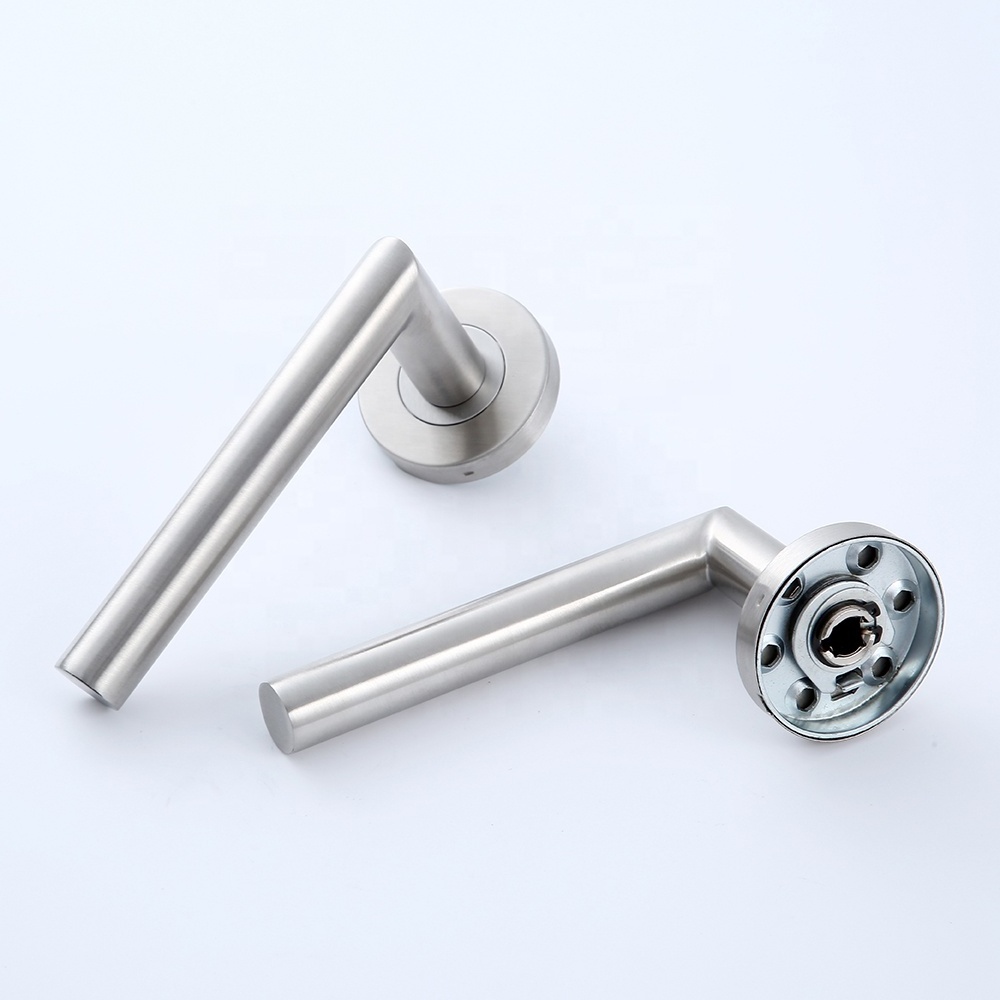 High Quality L-Shape Interior Inox Tubular Lever Door Handle on Round Rose With Cylinder Escutcheon