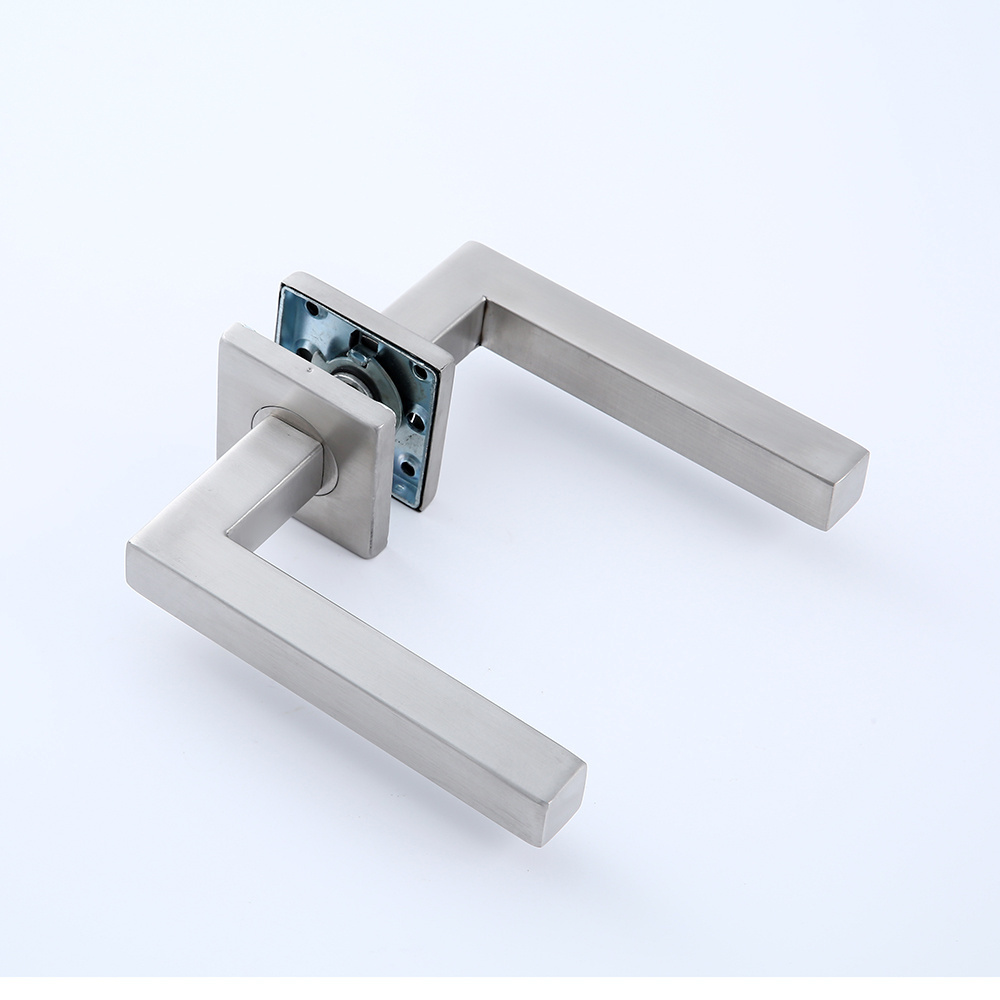 Square Mitred Flat Tubular stainless steel brushed door handle on square rose with escutcheon