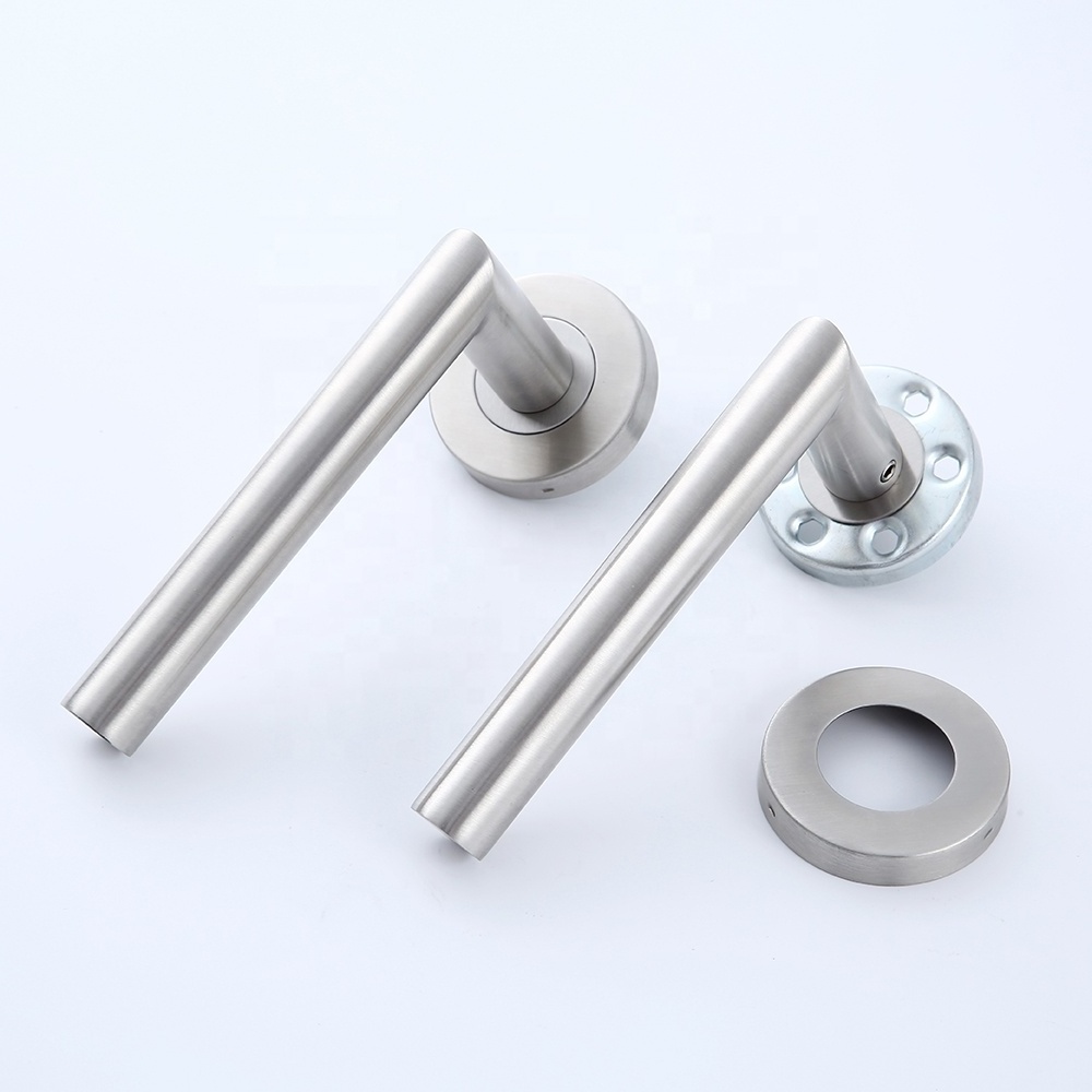 High Quality L-Shape Interior Inox Tubular Lever Door Handle on Round Rose With Cylinder Escutcheon