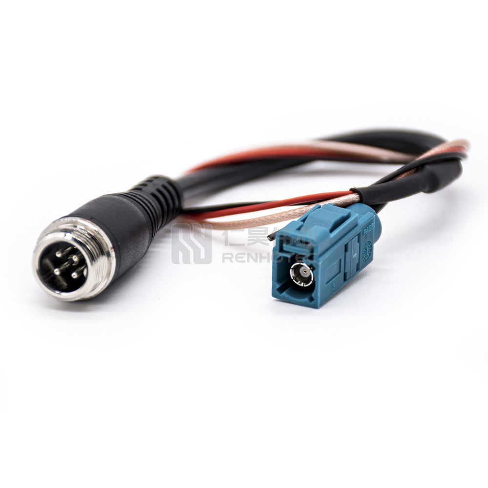 GX12 to FAKRA FARKE Connectors Overmolded Cable 4 Pin Power And Video Cable For Trailer Car Reverse Backup Camera System