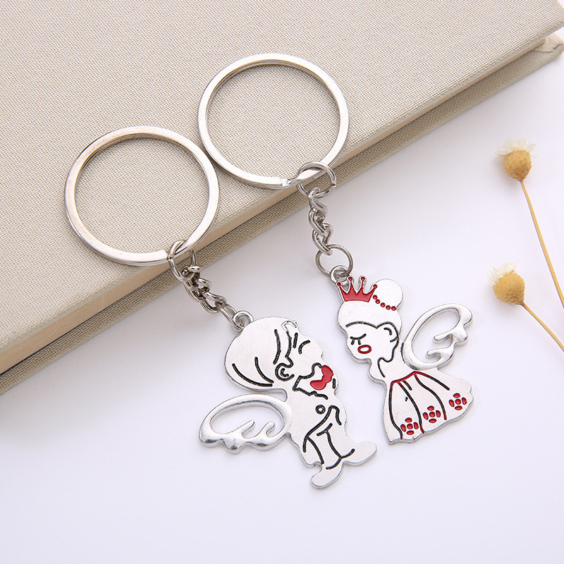 High end custom Colorful key ring angel love Couples Stainless steel key chains Valentine's Day Gift