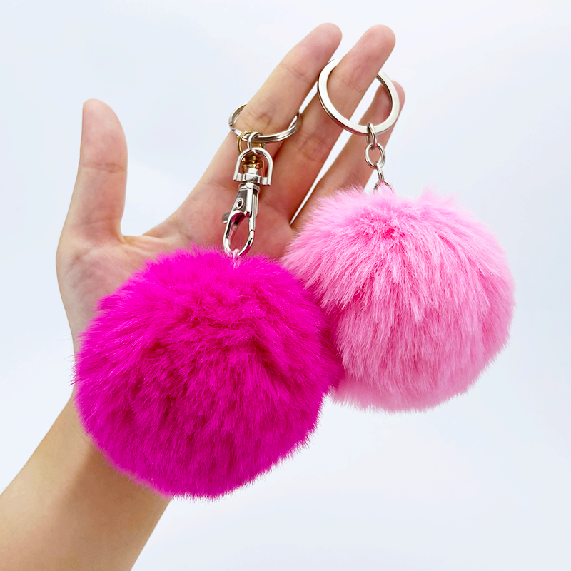 RENHUI Mini Rhinestone Fluffy Bunny Keyring Key Ring Custom Plush Pom Pom Keychains Key Chains With Pom Pompom