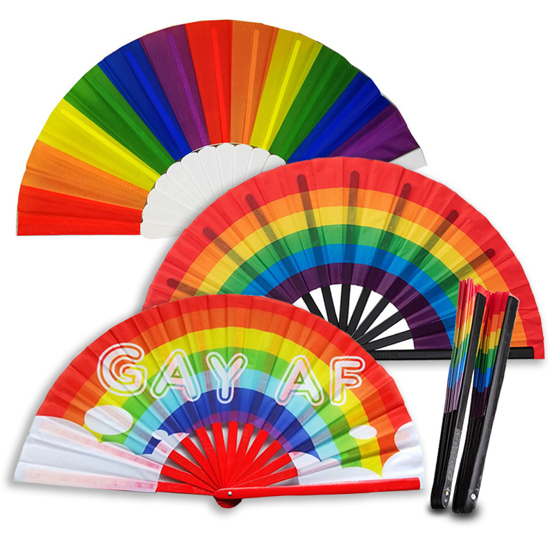 Big Clack Large 33Cm Customized Logo Printing Polyester Satin Bamboo Fan Custom Lgbt Hand Fans Pride Fan