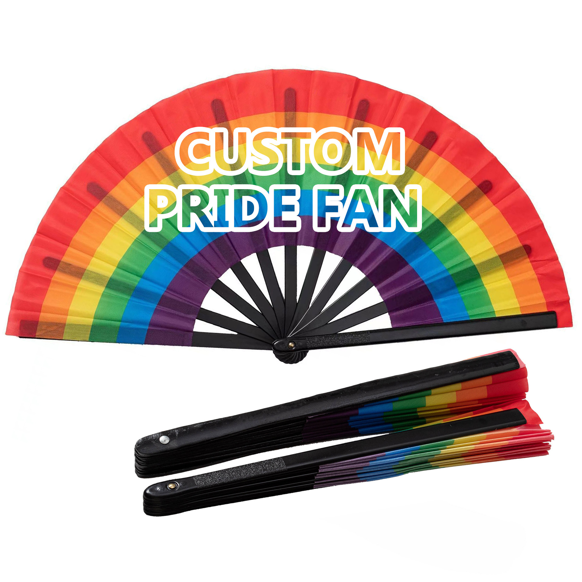 Big Clack Large Custom Logo Printing Polyester Satin Bamboo Rainbow Gay Pride Rave Fans Custom Lgbt Hand Fans Pride Fan