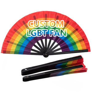 Customized Big Folding Bamboo Fabric Logo Rainbow Hand Held Fan Personalized Lgbt Hand Fans Pride Fan