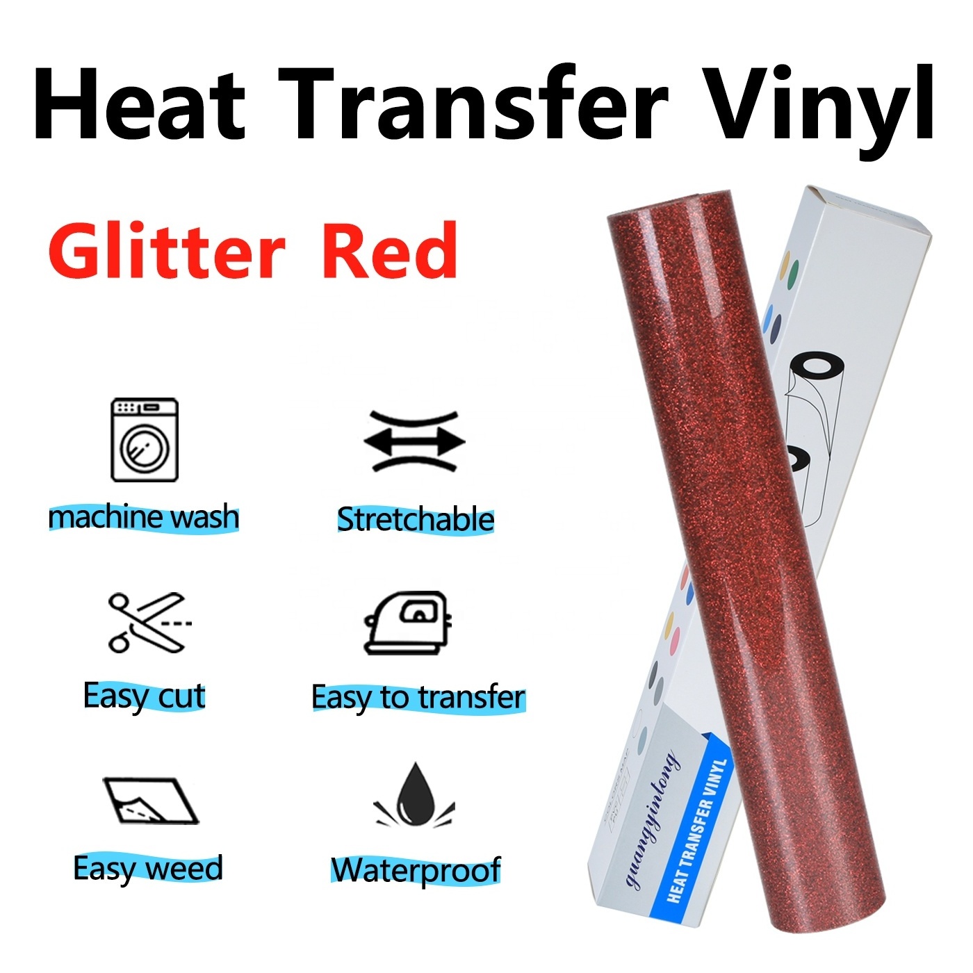 Renlitong 12in*35ft Wholesale Glitter Heat Transfer Vinyl htv rolls stikcy Iron on Vinyl heat press for T shirts