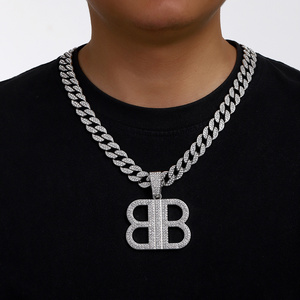 hip hop rhinestone zinc alloy cuban link chain with double letter B pendant necklace