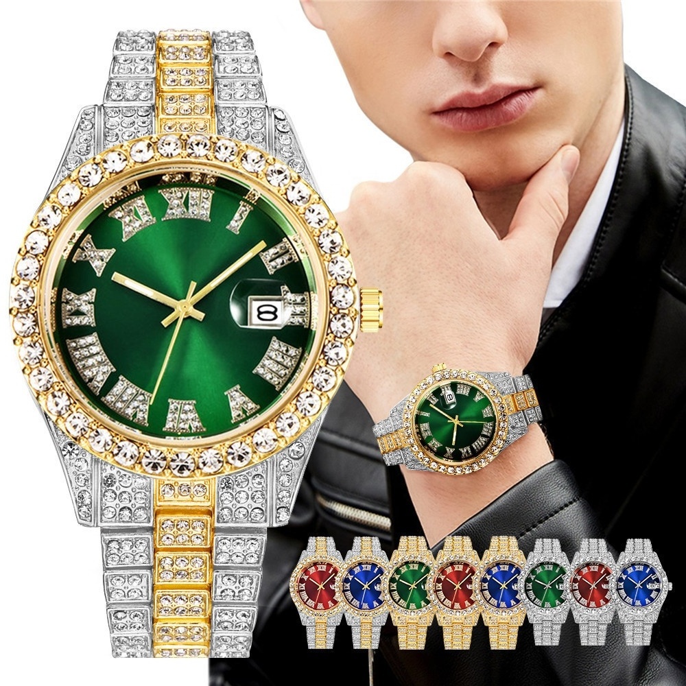 Nine different colors hip hop alloy and rhinestone iced out wrist quartz watch