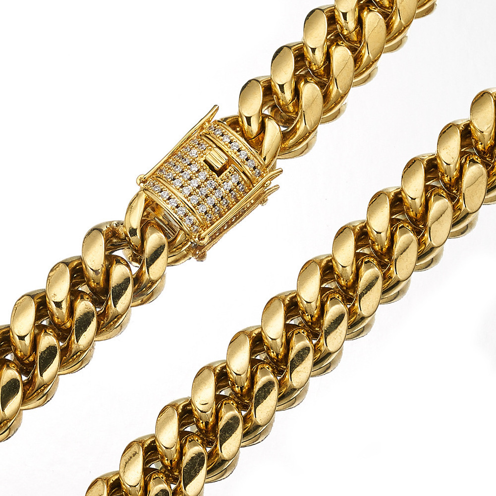 Zircon Buckle 14K 18K Gold Plated 12mm Miami Stainless Steel Cuban Link Chain Necklace Set Men Jewelry Cuban Link