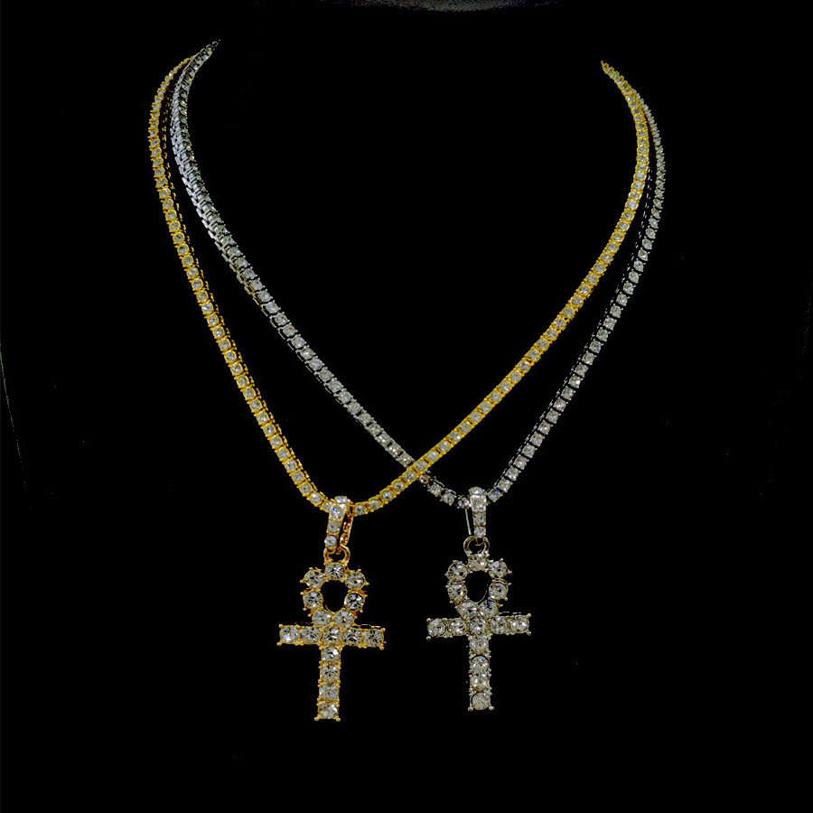 NL2049 Cross Necklace Hot Sell Bling Silver Gold Fake Diamond Tennis Cross Necklace with Tennis Chains