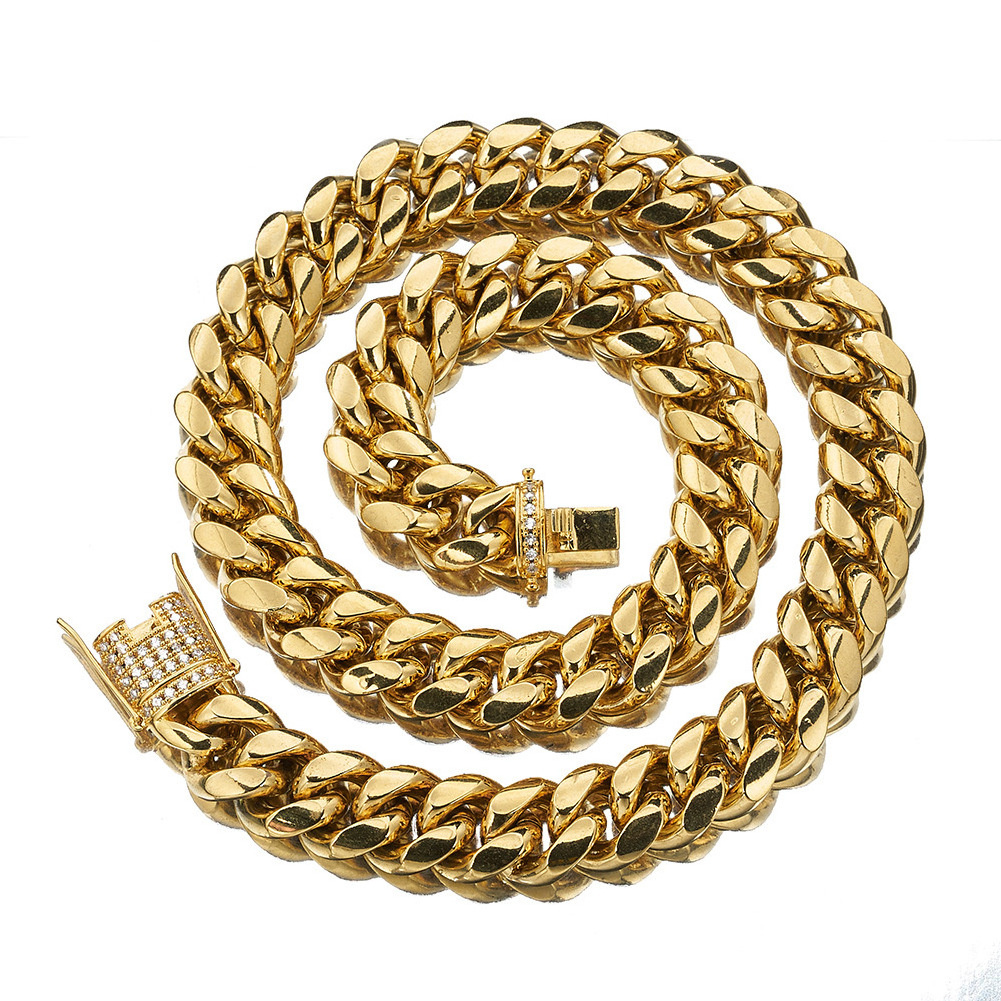 Zircon Buckle 14K 18K Gold Plated 12mm Miami Stainless Steel Cuban Link Chain Necklace Set Men Jewelry Cuban Link