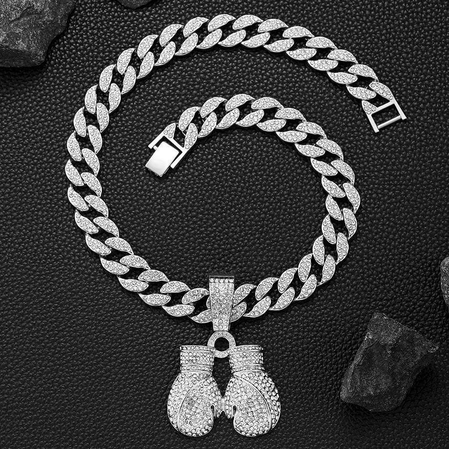 Hip hop miami 15mm width cuban chain with alloy and CZ rhinestone crystal boxing pendant necklace