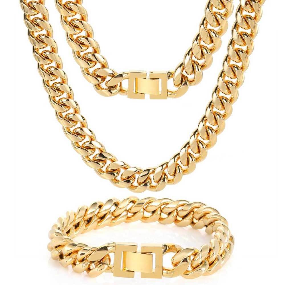 RQ Titanium Cuban Link Cadena de oro Mens Miami Stainless Steel 14k 18k Gold Plated Chain Necklace Cuban Link Chain for Man