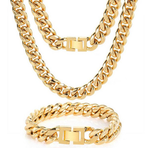 RQ Titanium Cuban Link Cadena de oro Mens Miami Stainless Steel 14k 18k Gold Plated Chain Necklace Cuban Link Chain for Man