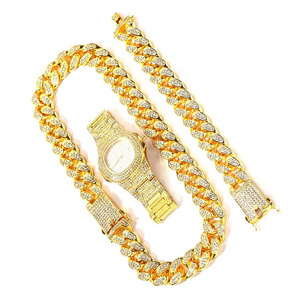 RENQING Factory wholesale hip hop alloy and bling rhinestone iced out 20mm width cuban chain bracelet necklace watch set jewelry