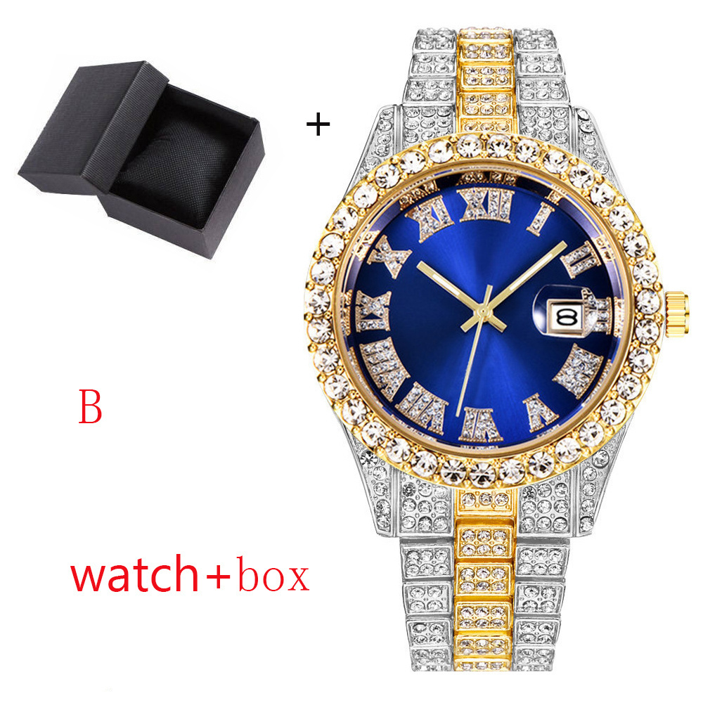 SL68 Hot Sale Hip Hop Cuban Men Quartz Watch Hip Hop Full Diamonds Watch Gold Plated Stainless Steel for Men Glass Silver Coin