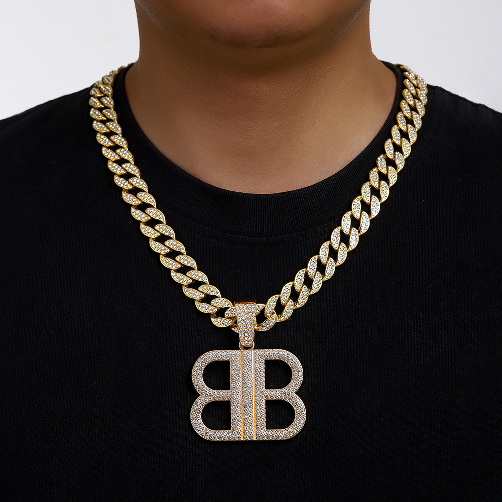 hip hop rhinestone zinc alloy cuban link chain with double letter B pendant necklace