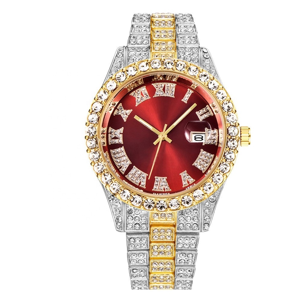 Nine different colors hip hop alloy and rhinestone iced out wrist quartz watch