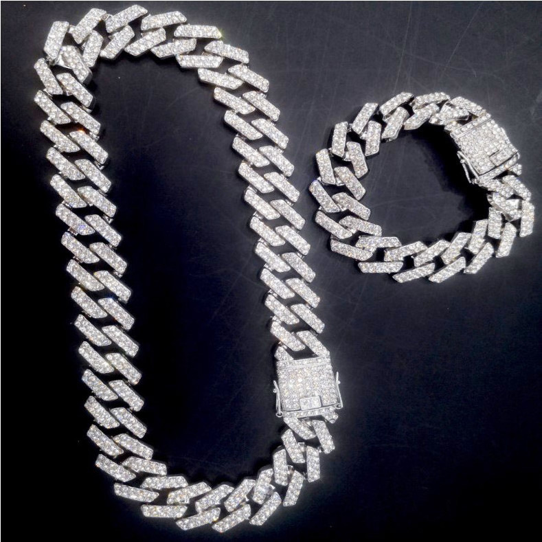 Hip Hop 20MM Bling Iced Out Cuban Link Chain Necklace Set Full Diamond Bling Choker Jewelry