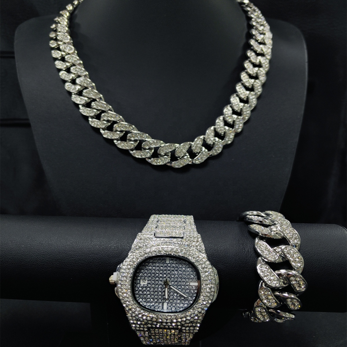 RENQING Factory wholesale hip hop alloy and bling rhinestone iced out 20mm width cuban chain bracelet necklace watch set jewelry