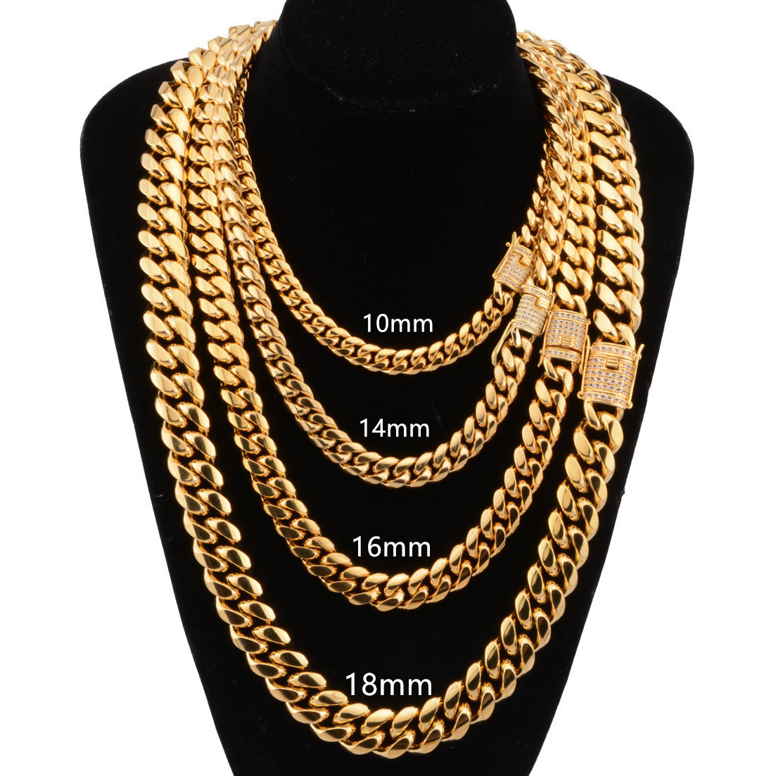 Zircon Buckle 14K 18K Gold Plated 12mm Miami Stainless Steel Cuban Link Chain Necklace Set Men Jewelry Cuban Link