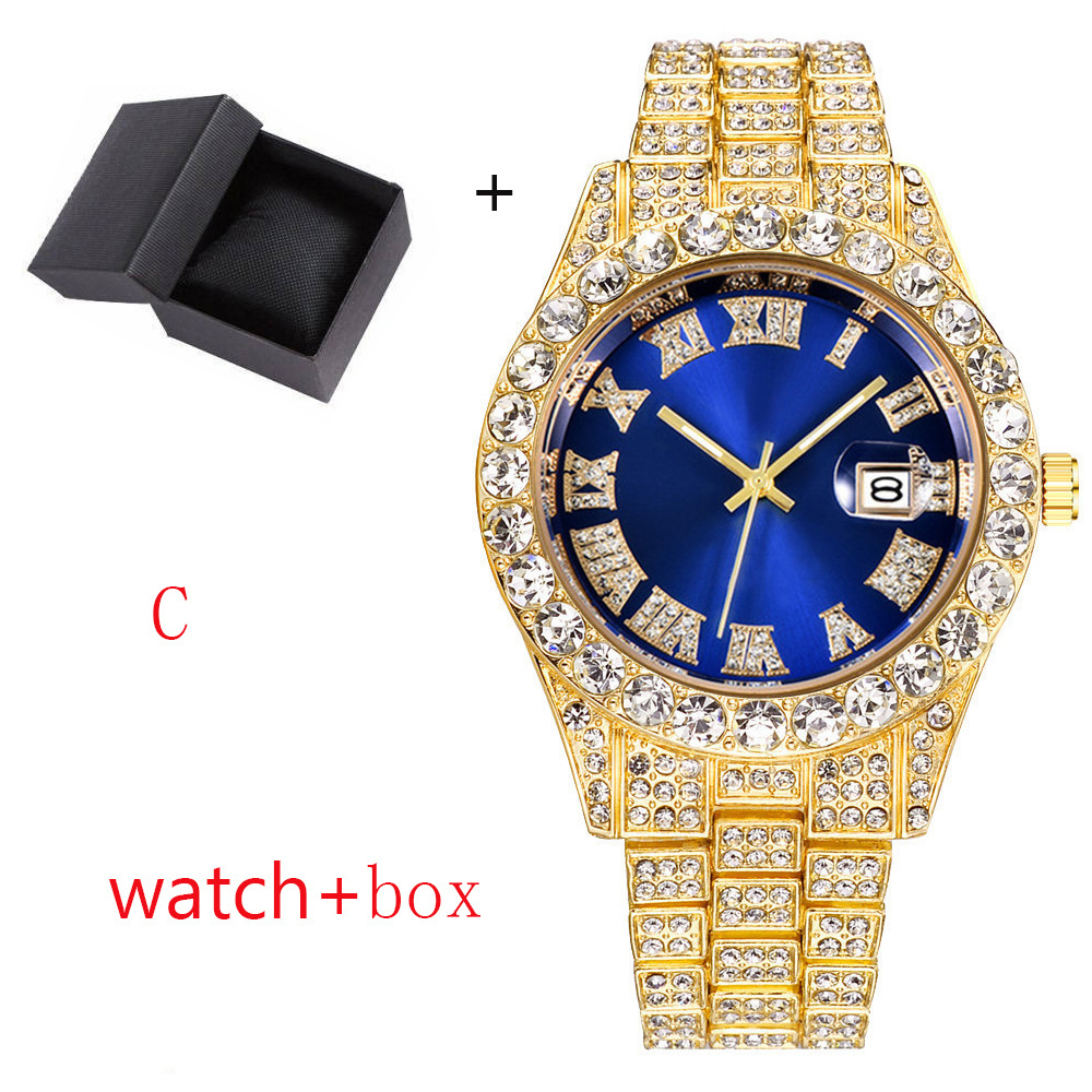 SL68 Hot Sale Hip Hop Cuban Men Quartz Watch Hip Hop Full Diamonds Watch Gold Plated Stainless Steel for Men Glass Silver Coin