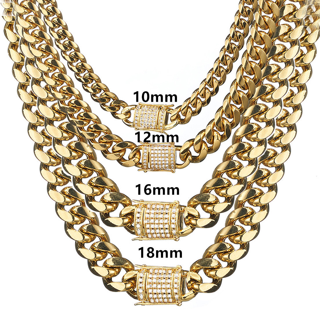 Zircon Buckle 14K 18K Gold Plated 12mm Miami Stainless Steel Cuban Link Chain Necklace Set Men Jewelry Cuban Link