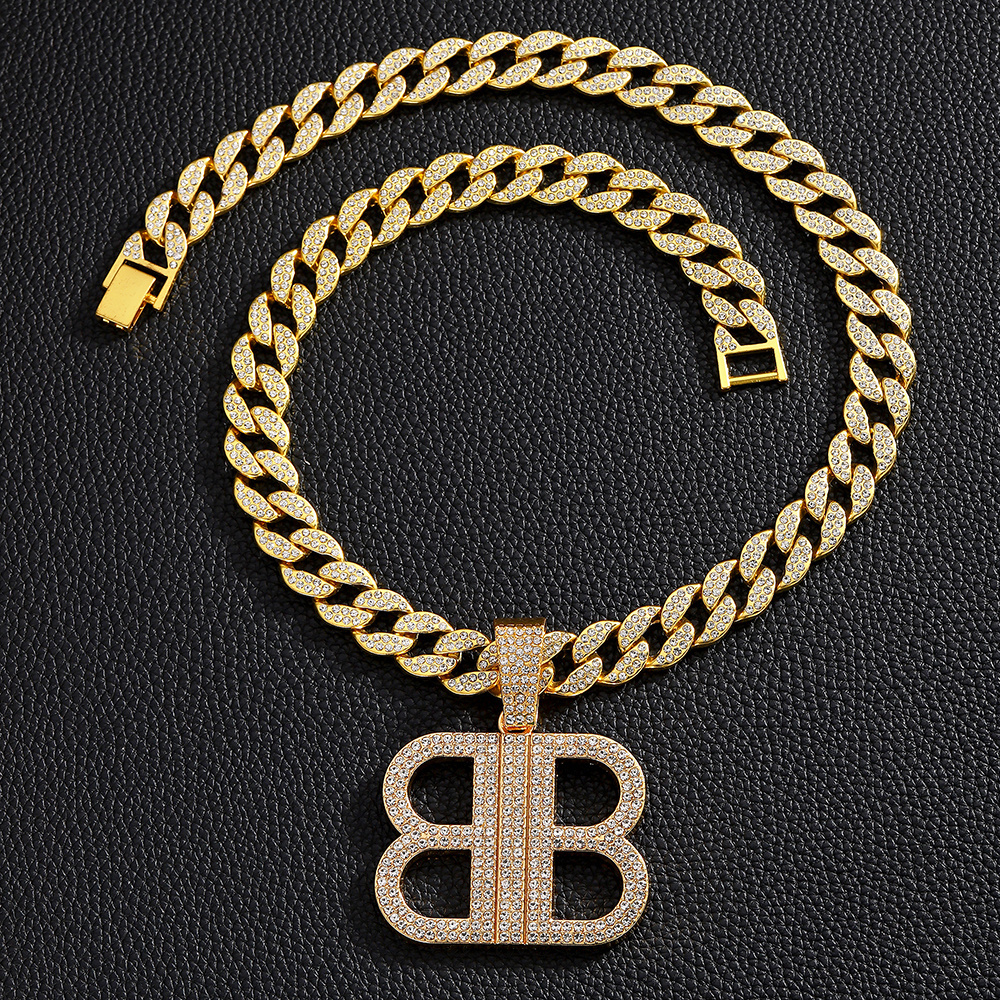 hip hop rhinestone zinc alloy cuban link chain with double letter B pendant necklace