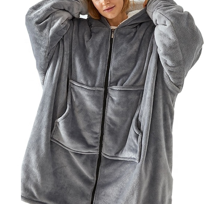 Warm oversized wearable sherpa hoodie blanket sweatshirt with zipper sleeves