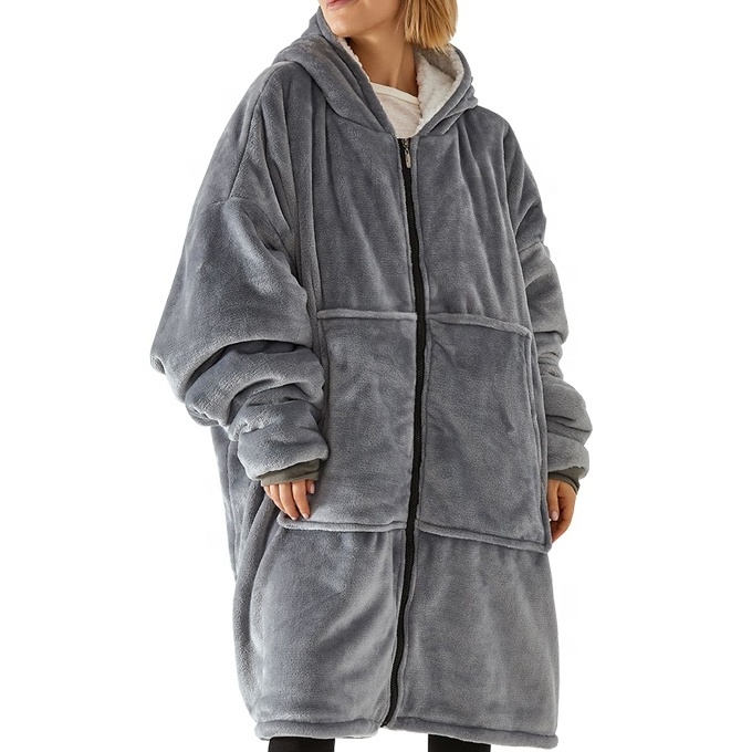 Warm oversized wearable sherpa hoodie blanket sweatshirt with zipper sleeves