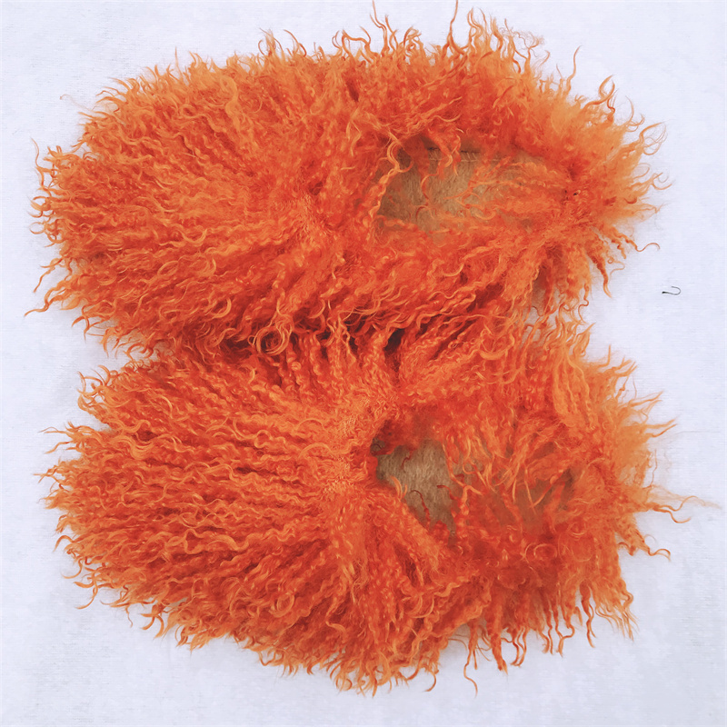 Customized Solid Color Winter Women's Fluffy Flat Faux Mongolian Sheepskin Fur Slippers