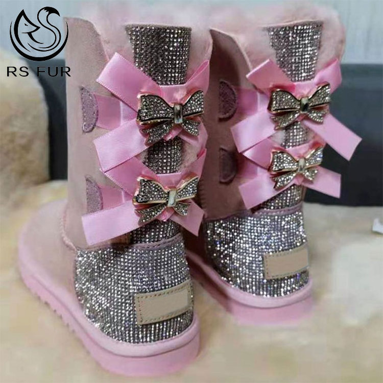 Wholesale fashion ladies kids women winter snow ribbon fur boots with bows 2020