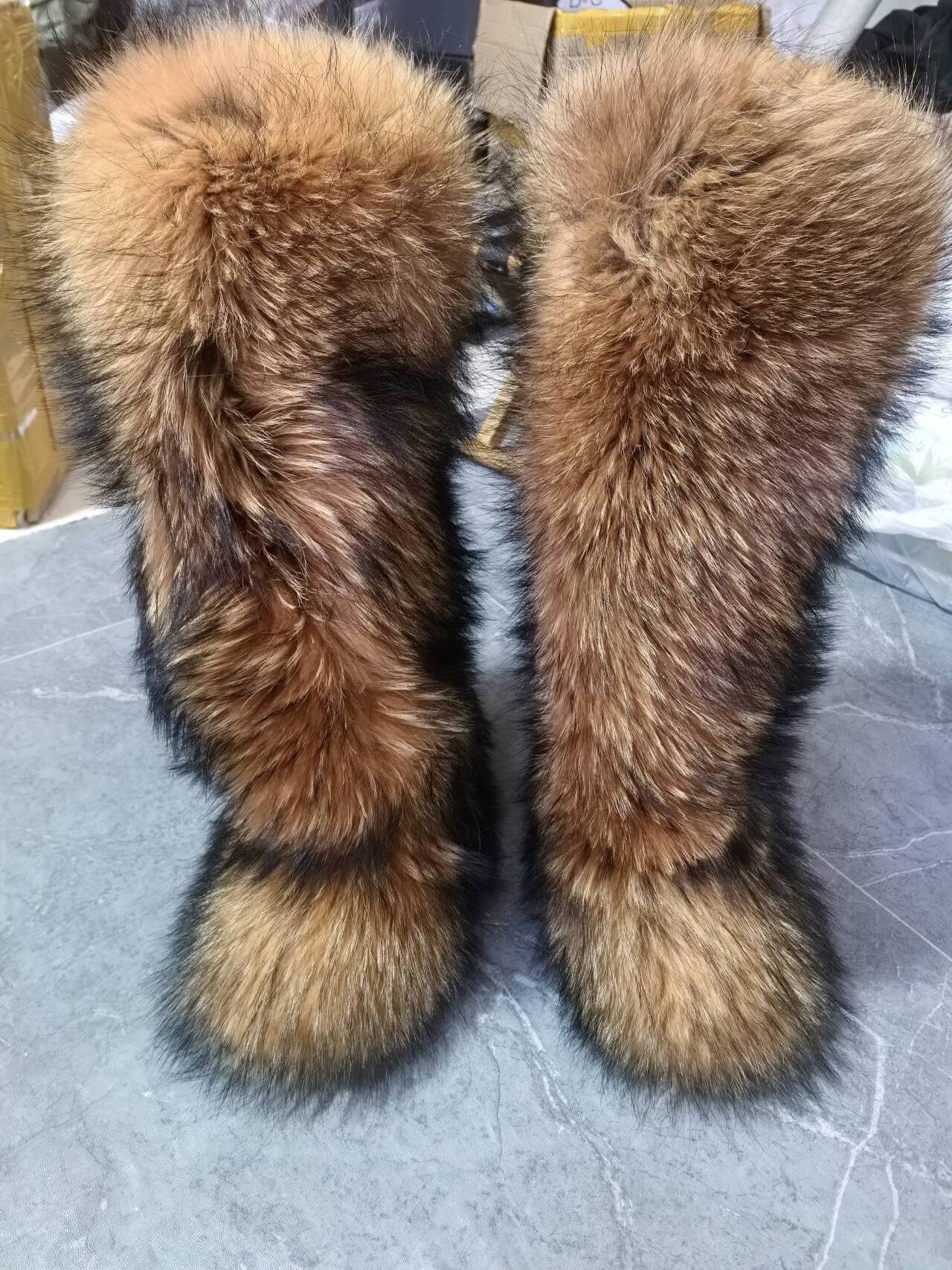 Hot Sell Fashion Plus Size Warm Furry Real Raccoon Fur Women Shoes Snow Boots