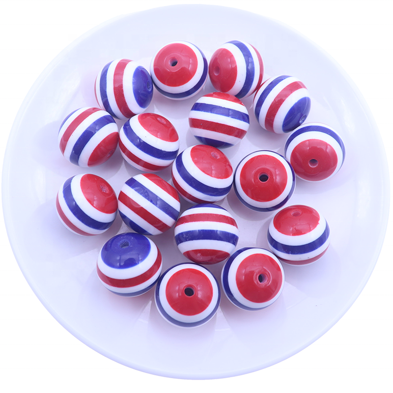 New Arrival 20mm Blue Red White Flag Round Fashion Bubblegum Striped Resin Chunky Beads for Jewelry Loose Necklace Making