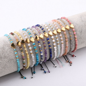 New Design 3mm Faceted Gemstone Jewelry Stainless Steel Beads Heart Charm Macrame Adjustable Custom Bracelet For Women